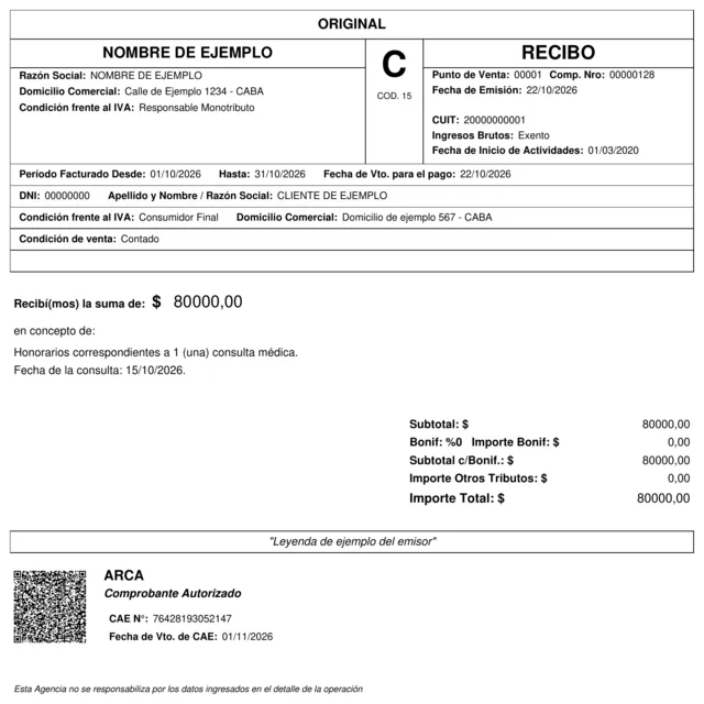 Recibo C de muestra con datos ficticios: emisor y cliente de ejemplo, comprobante 00001-00000128, importe total $ 80000,00, CAE 76428193052147 con vencimiento el 01/11/2026 y código QR de ARCA.